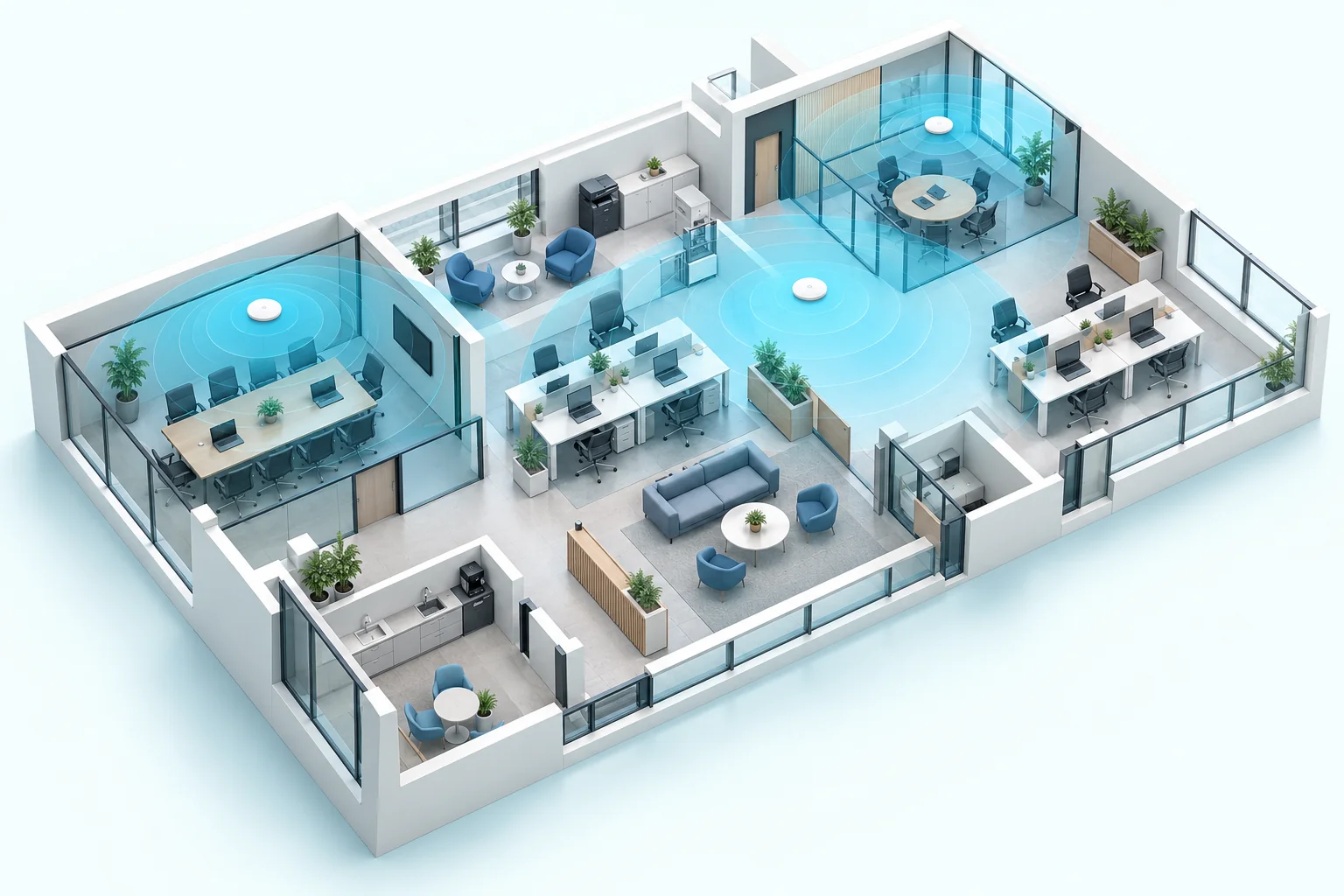 Concept illustration of an office Wi-Fi layout with access points and coverage areas