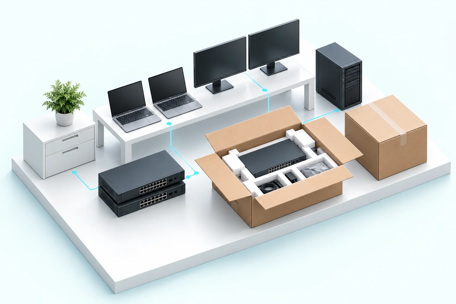 Concept illustration of laptops, monitors and servers prepared for business deployment
