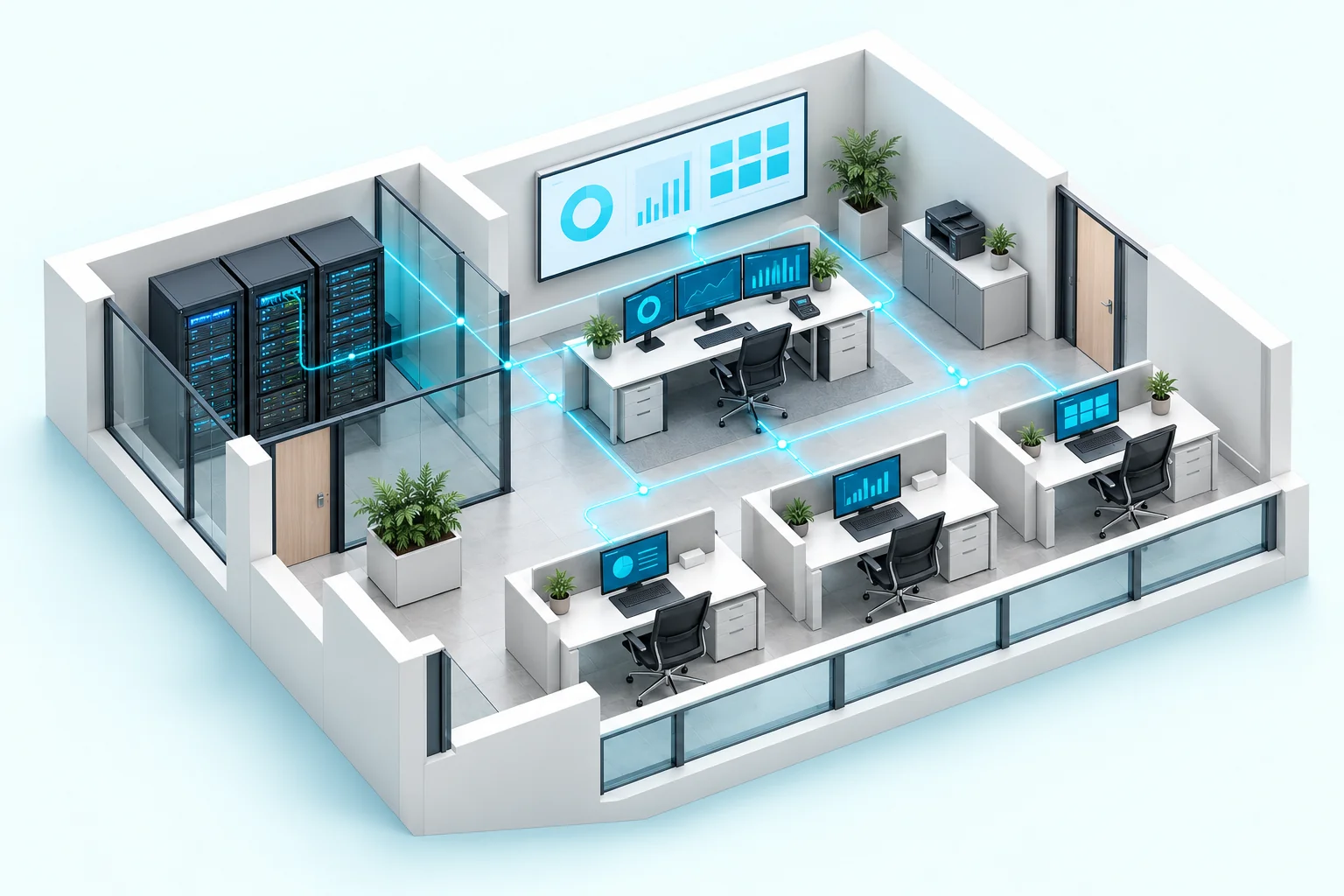 Concept illustration of business IT oversight connecting workstations, servers and management controls