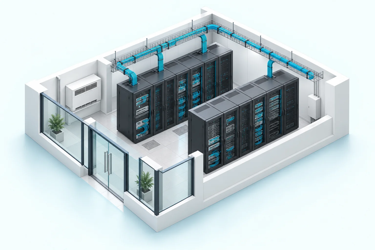 Concept illustration of a server room with network equipment and organized cabling