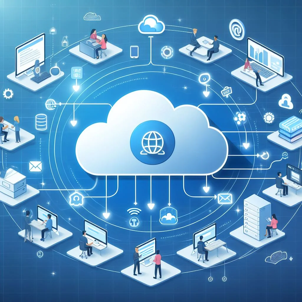 Illustration of cloud software connected to people and devices